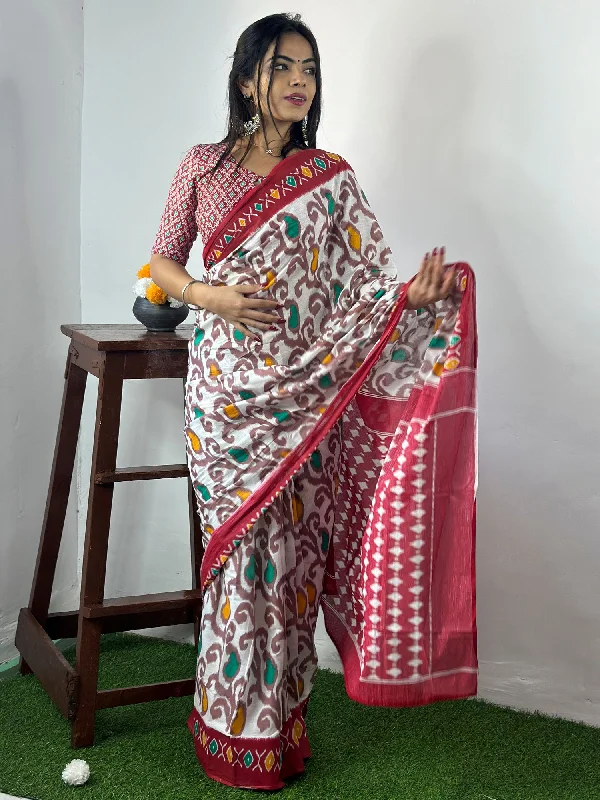 Women's Cotton White Printed Designer Saree With Blouse Piece Soft Pastel Blouse