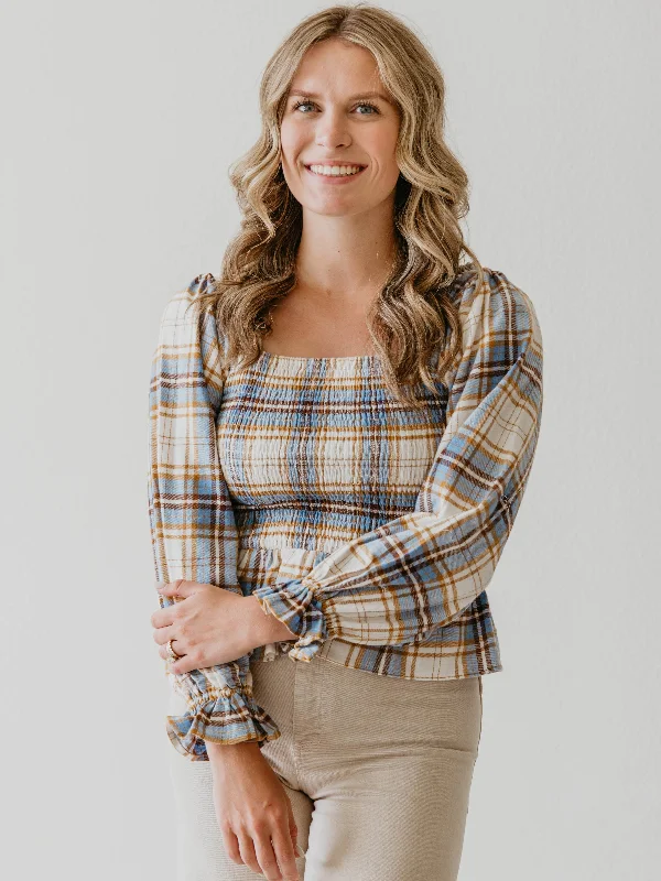 Women's Peplum Blouse - Blue Stone Plaid Soft Modal Blouse