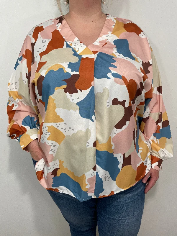 BRUSH STROKE BLOUSE - CURVY - RUST MULTI Balloon Sleeve Blouse