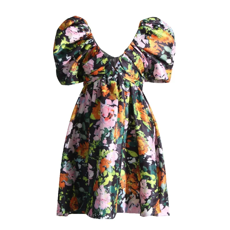Deep V Puffy Sleeve Flared Mini Dress Stylish Summer Mini Dress