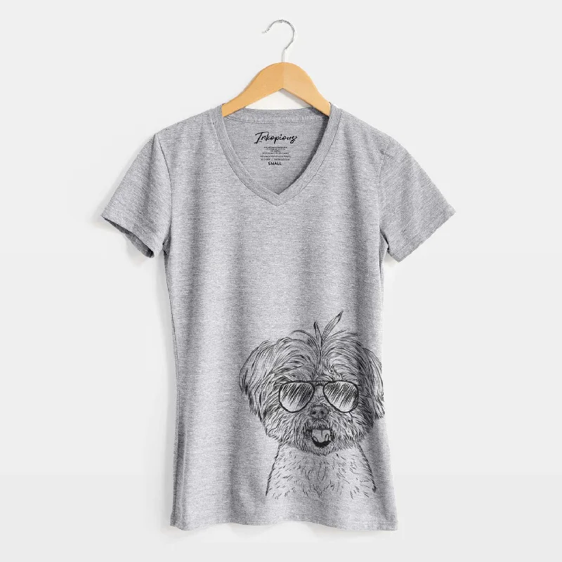 Aviator Oliver the Yorkie Mix - Women's V-neck Shirt-- Welt Pockets Slit Pockets Flap Pockets Aviator Oliver the Yorkie Mix - Women's V-neck Shirt-- Welt Pockets Slit Pockets Flap Pockets