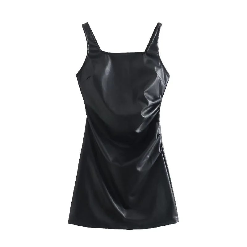 Square Neck Ruched Faux Leather Mini Dress Cozy Jersey Mini Dress