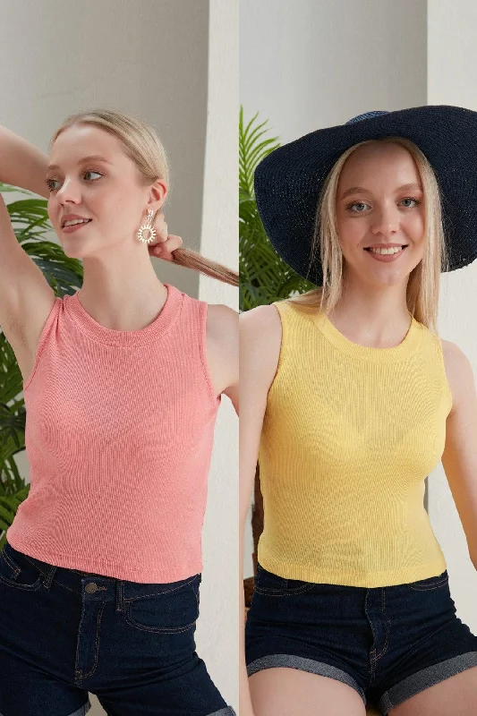 Women's Yellow Powder Halter Neck 2 Piece Crop Blouse Vintage Polka Blouse
