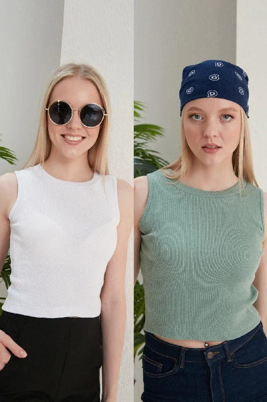 Women's White Mint Halter Neck 2 Piece Crop Blouse Casual Relaxed Blouse
