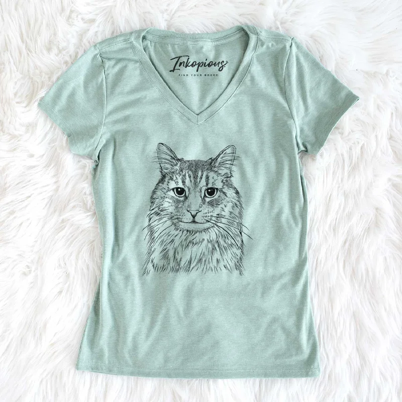Bare Oliver Fluff the Maine Coon Mix Cat - Women's V-neck Shirt-- Lace Blend Ribbed Blend Corduroy Blend Bare Oliver Fluff the Maine Coon Mix Cat - Women's V-neck Shirt-- Lace Blend Ribbed Blend Corduroy Blend