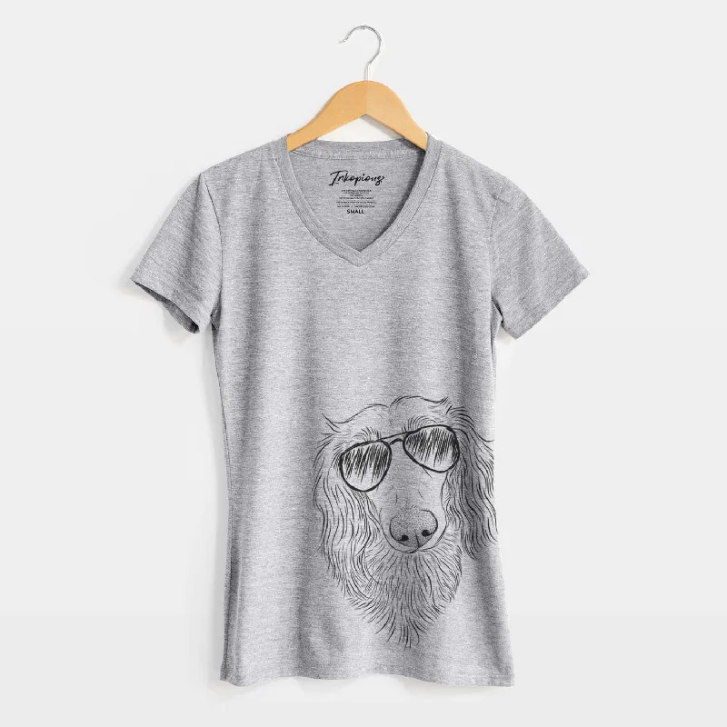 Aviator Mr. Rusty the Long Haired Dachshund - Women's V-neck Shirt-- Casual Formal Business Aviator Mr. Rusty the Long Haired Dachshund - Women's V-neck Shirt-- Casual Formal Business