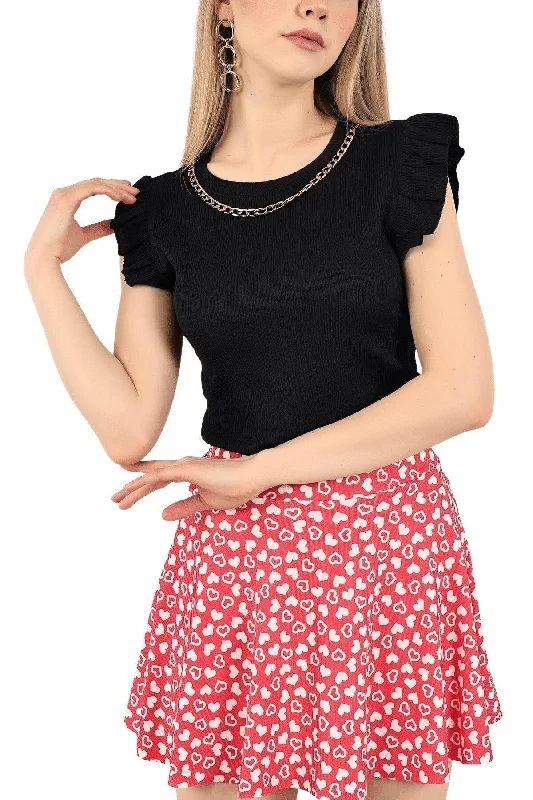 Women's Black Chain Sleeve Ruffle Knitted Blouse Subtle Shimmer Blouse