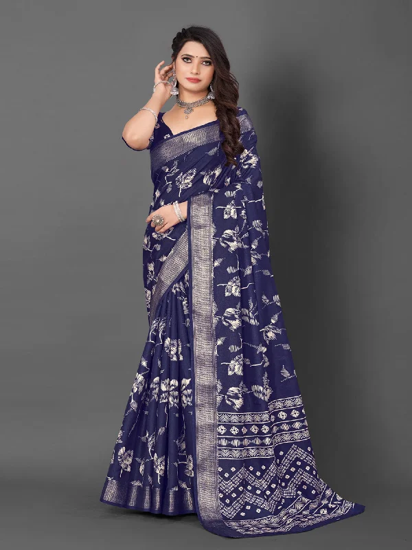 Women's Dola Silk Navy Blue Printed Designer Saree With Blouse Piece Chic Ruffle Blouse Women's Dola Silk Navy Blue Printed Designer Saree With Blouse Piece Chic Ruffle Blouse