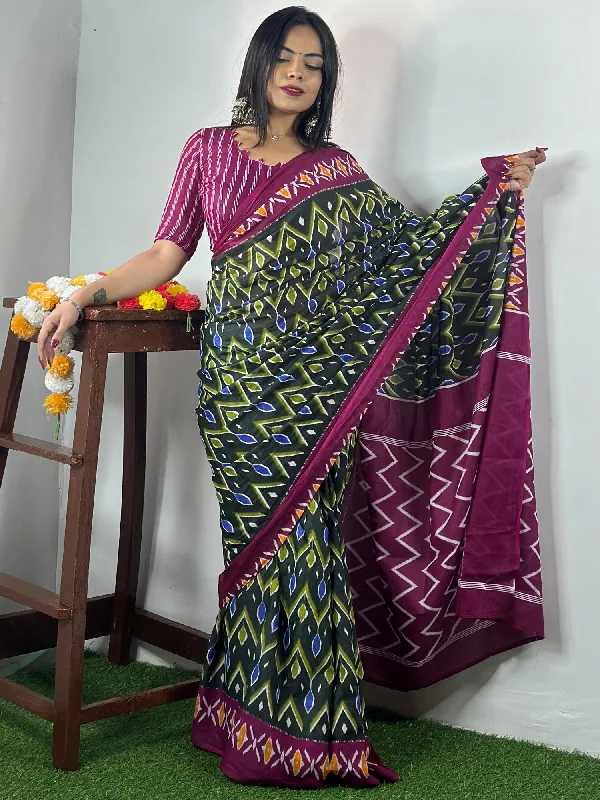 Women's Cotton Dark Green Printed Designer Saree With Blouse Piece Elegant Embroidery Blouse