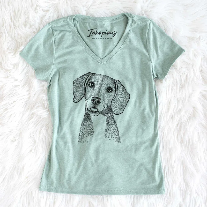 Bare Piggy the Beagle Mix - Women's V-neck Shirt-- Spandex Blend Rayon Blend Denim Blend