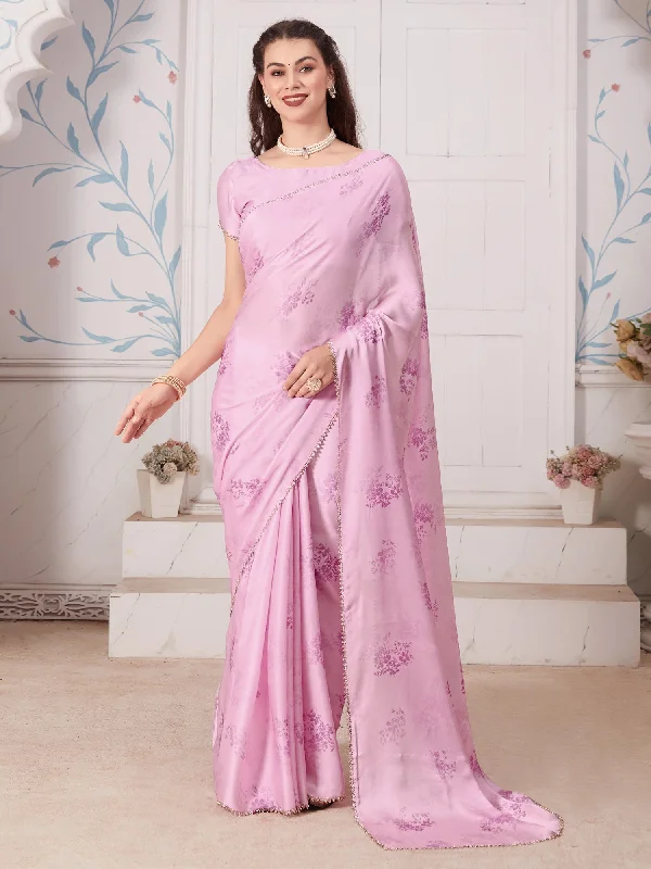 Women's Satin Silk Pink Digital Print Designer Saree With Blouse Piece Smart Business Blouse Women's Satin Silk Pink Digital Print Designer Saree With Blouse Piece Smart Business Blouse