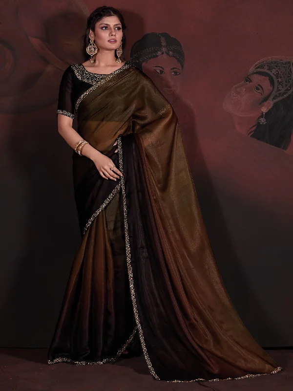 Women's Organza Brown Embellished Designer Saree With Blouse Piece Feminine Tie Blouse Women's Organza Brown Embellished Designer Saree With Blouse Piece Feminine Tie Blouse