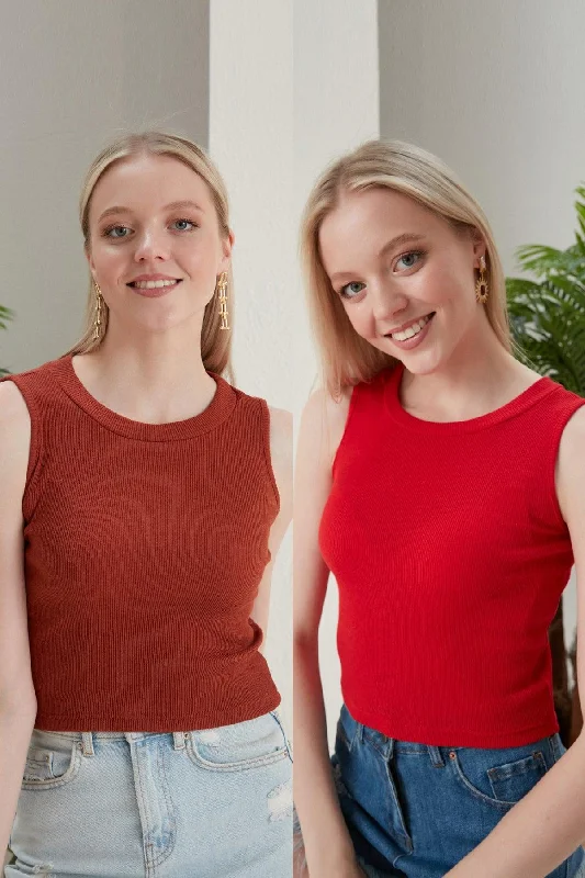 Women's Tile Red Halter Neck 2 Piece Crop Blouse Floral Chiffon Blouse