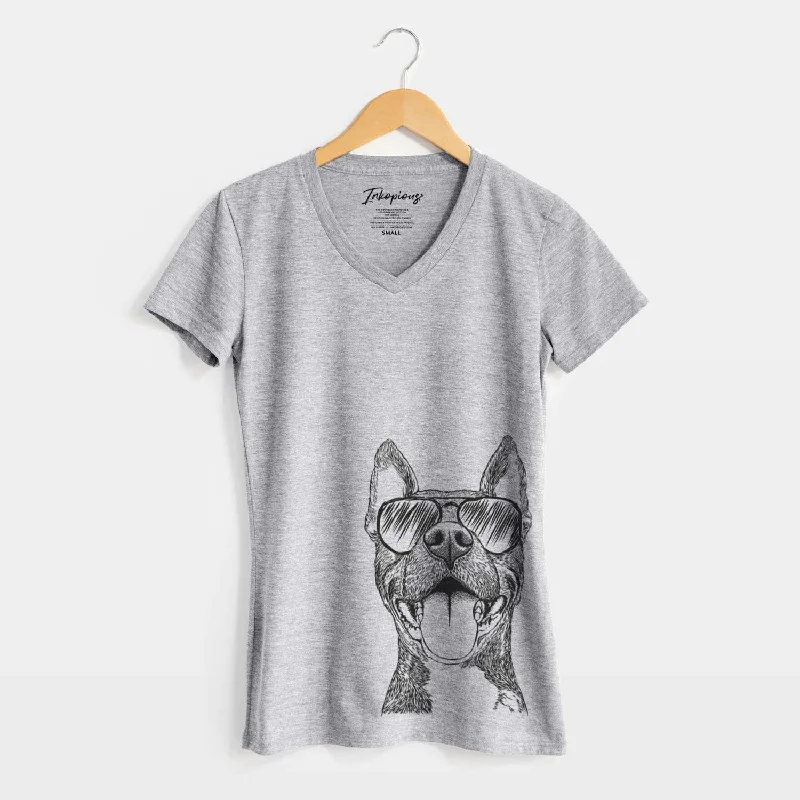 Aviator Milo the Pitbull Mix - Women's V-neck Shirt-- Terry Blend Velvet Blend Canvas Blend Aviator Milo the Pitbull Mix - Women's V-neck Shirt-- Terry Blend Velvet Blend Canvas Blend