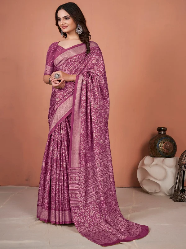Women's Dola Silk Magenta Printed Designer Saree With Blouse Piece Embellished Collar Blouse Women's Dola Silk Magenta Printed Designer Saree With Blouse Piece Embellished Collar Blouse