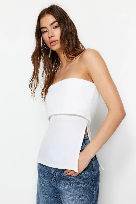 White Strapless Collar Zippered Crepe Knitted Blouse TWOSS23BZ00928 Versatile Layering Blouse