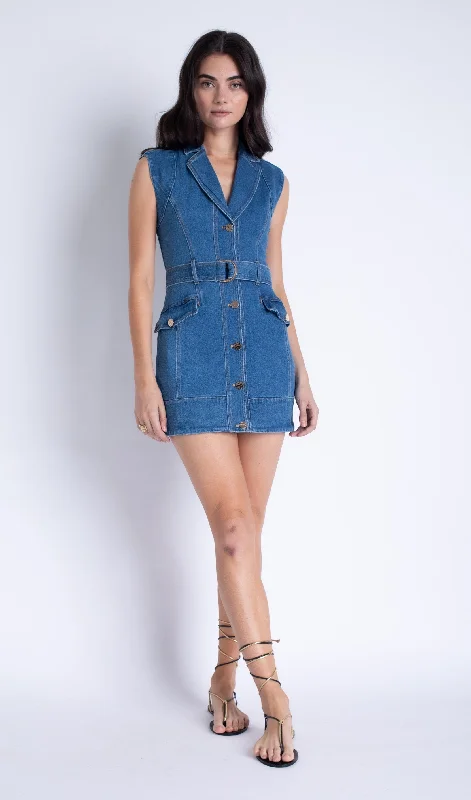 Selena Denim Mini Dress Ocean Blue - Karina Grimaldi Fashionable Polka Dot Mini Dress Selena Denim Mini Dress Ocean Blue - Karina Grimaldi Fashionable Polka Dot Mini Dress