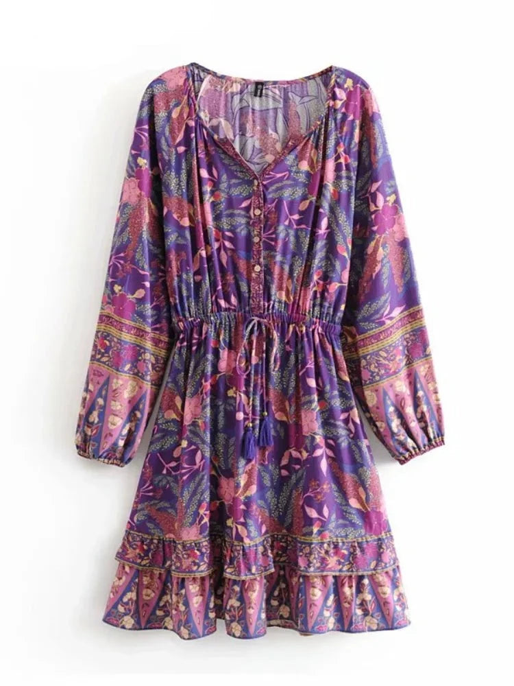 Elhiza's Purple Boho Mini Dress Lantern Sleeve Elegant Lace Mini Dress