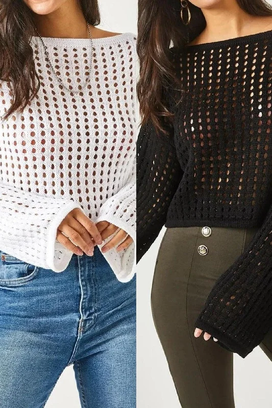 Women's Black-white 2-Pack Spanish Sleeve Wide Collar Openwork Loose Hole Crop Knitwear Blouse Satin Long Blouse Women's Black-white 2-Pack Spanish Sleeve Wide Collar Openwork Loose Hole Crop Knitwear Blouse Satin Long Blouse