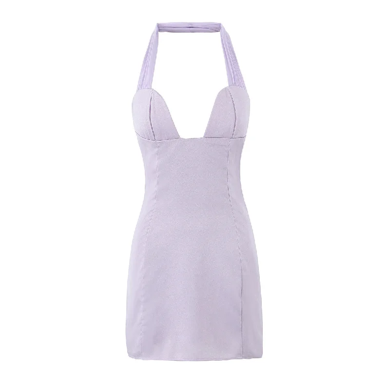 Plunge Neckline Halter Mini Dress Stylish Puff Sleeve Mini Dress
