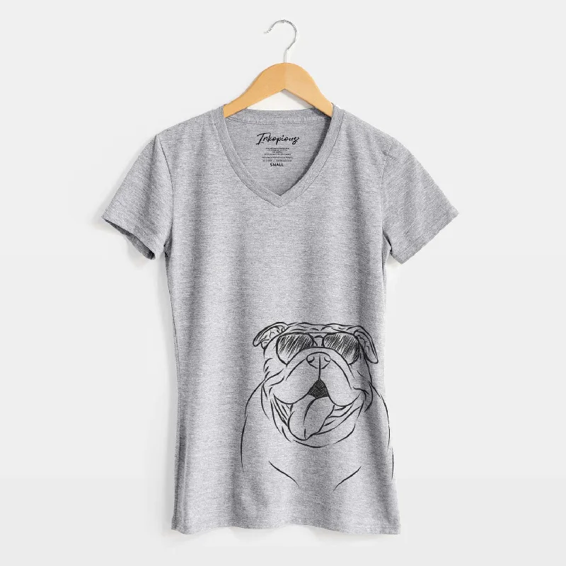Aviator Missy Moo the English Bulldog - Women's V-neck Shirt-- Cotton Fabric Linen Fabric Terry Fabric Aviator Missy Moo the English Bulldog - Women's V-neck Shirt-- Cotton Fabric Linen Fabric Terry Fabric