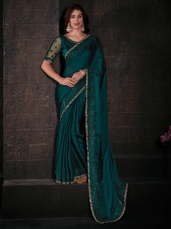 Women's Pure Chiffon Teal green Embellished Designer Saree With Blouse Piece Elegant Peplum Blouse Women's Pure Chiffon Teal green Embellished Designer Saree With Blouse Piece Elegant Peplum Blouse