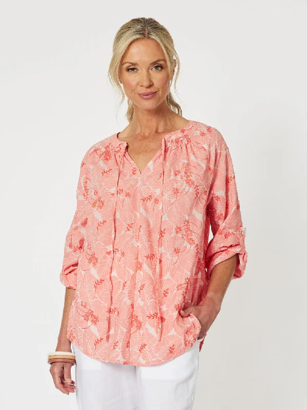 Emma Cotton Embroidered Shirt - Melon-- Ribbed Striped Patterned