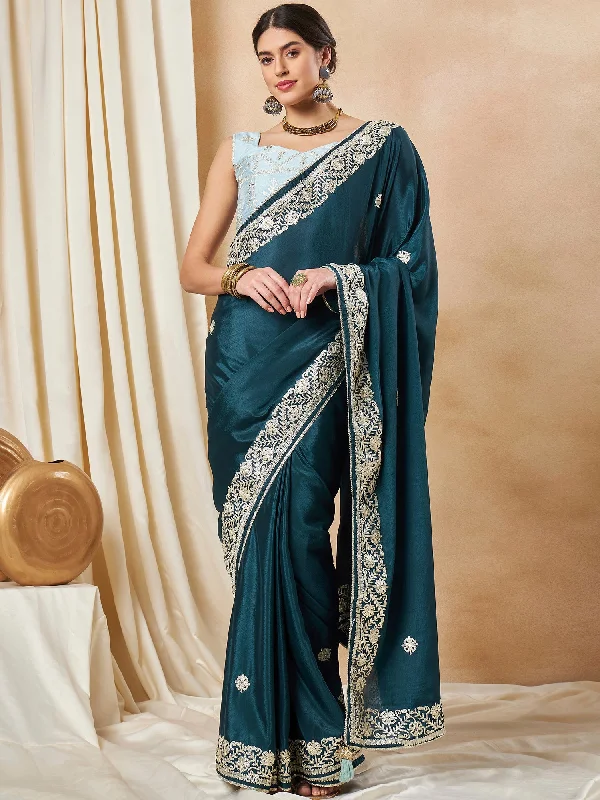 Women's Chiffon Teal blue Embellished Designer Saree With Blouse Piece Vintage Polka Blouse Women's Chiffon Teal blue Embellished Designer Saree With Blouse Piece Vintage Polka Blouse