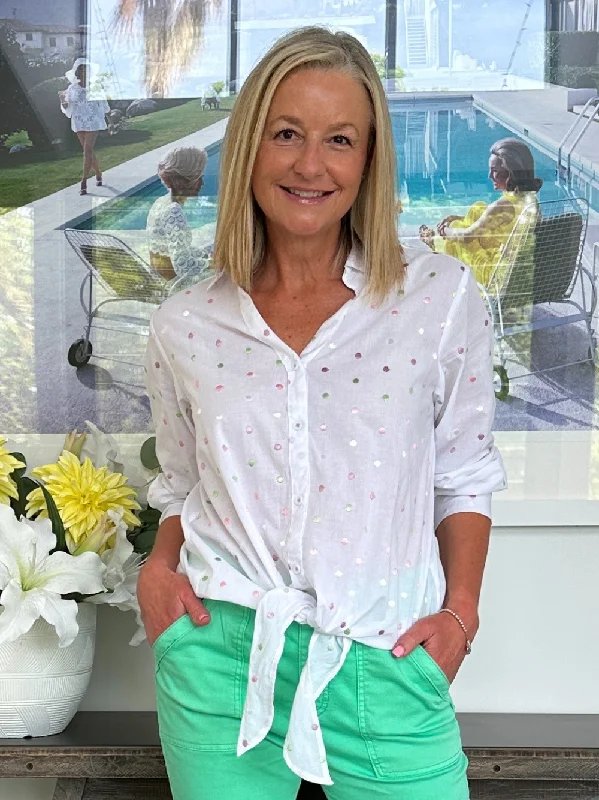 Embroidered Spot Shirt - White-- Silk Blend Satin Velvet