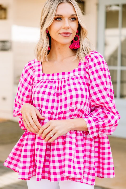 Feeling Fun Hot Pink Gingham Blouse Soft Knit Blouse