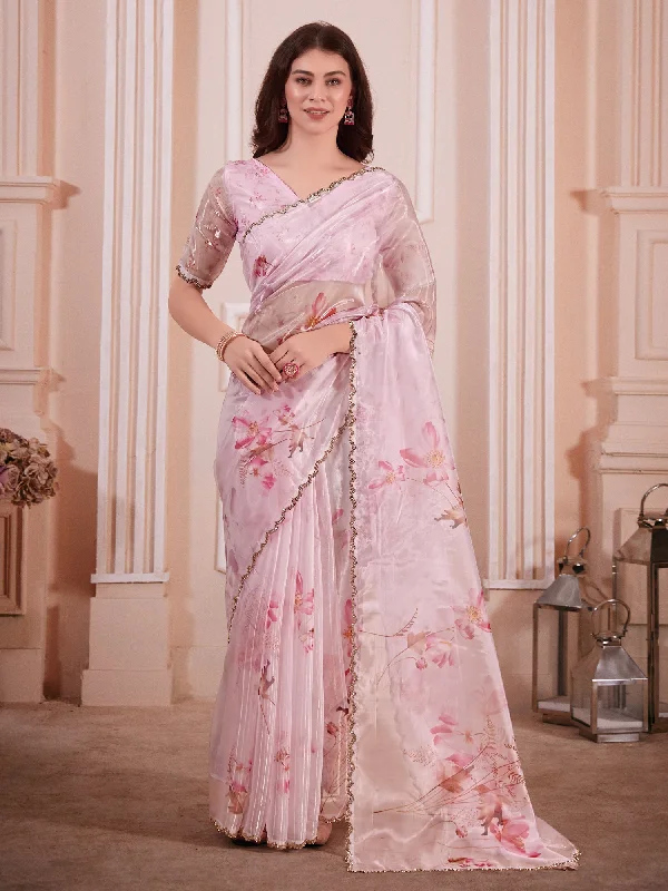 Women's Organza Pink Digital Print Designer Saree With Blouse Piece Office-Ready Blouse