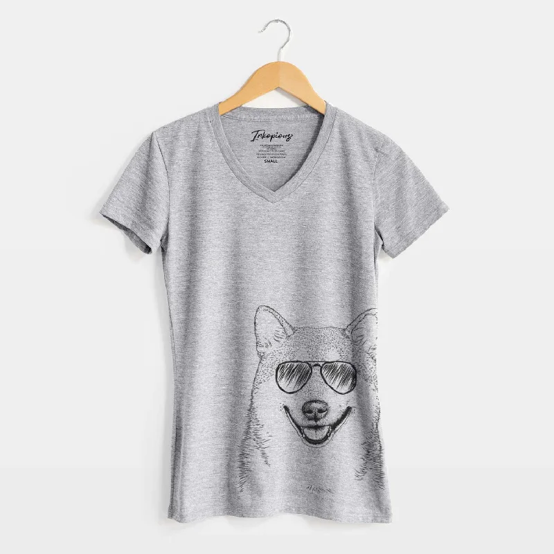 Aviator Mitsu the Shiba Inu - Women's V-neck Shirt-- Collared Crew Neck Turtle Neck