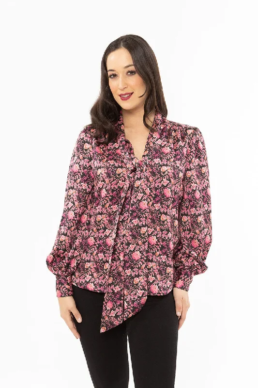 BILLIE THE LABEL  Kitty Bow Neck Blouse PINK SATIN Casual Relaxed Blouse