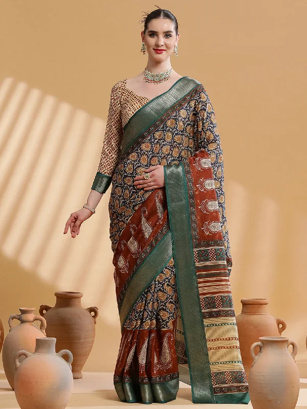Women's Cotton Blend Navy Blue Printed Designer Saree With Blouse Piece Sleeveless Summer Blouse Women's Cotton Blend Navy Blue Printed Designer Saree With Blouse Piece Sleeveless Summer Blouse