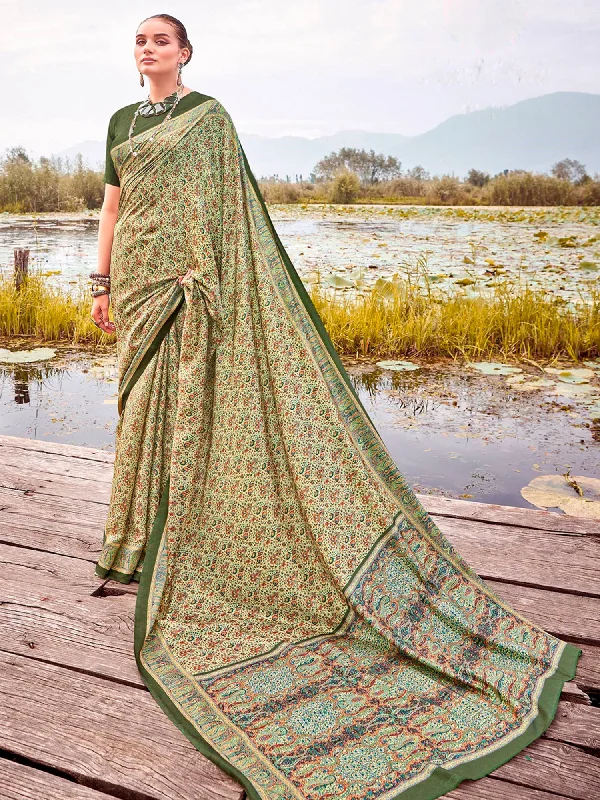 Women's Pashmina Silk Light Green Printed Designer Saree With Blouse Piece Feminine Puff Blouse