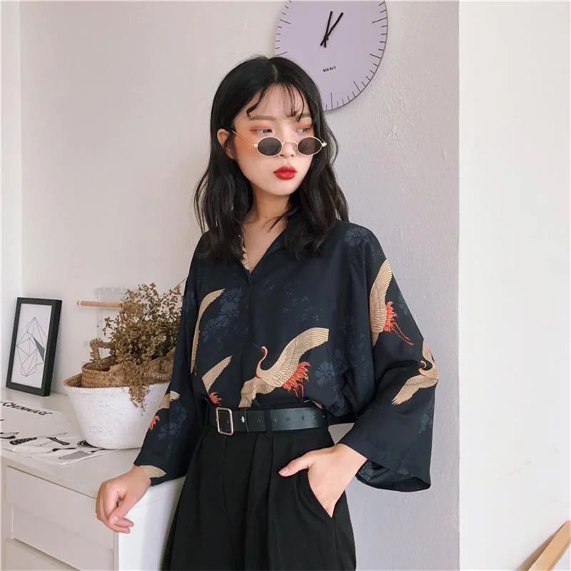 Women's Blouses Clothes Japan Kawaii Ladies Retro Summer Style Vintage Crane Blouse Female Punk Harajuku Cute Tunic For Women Floral Print Blouse