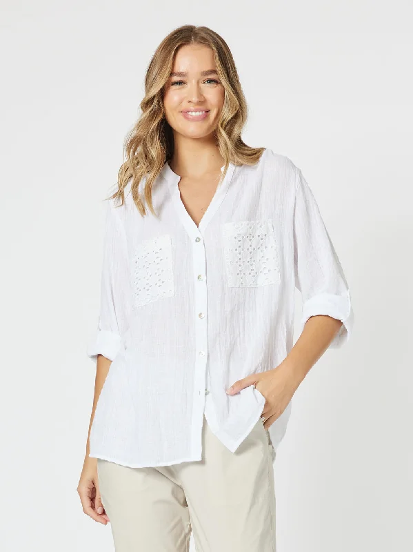 Lace Pocket Shirt - White-- Handmade Hand-knitted Hand-woven