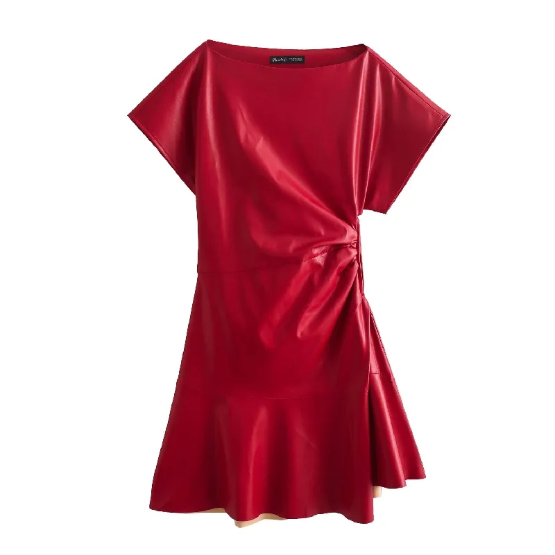 PU Short Sleeve Asymmetric Hem Mini Dress Comfortable Off-Shoulder Mini Dress