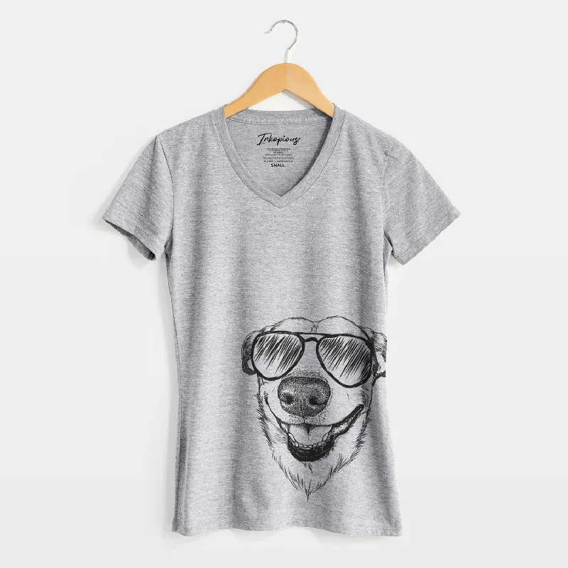Aviator Petrah the Staffy Mix - Women's V-neck Shirt-- Front Pockets Side Pockets Patch Pockets Aviator Petrah the Staffy Mix - Women's V-neck Shirt-- Front Pockets Side Pockets Patch Pockets