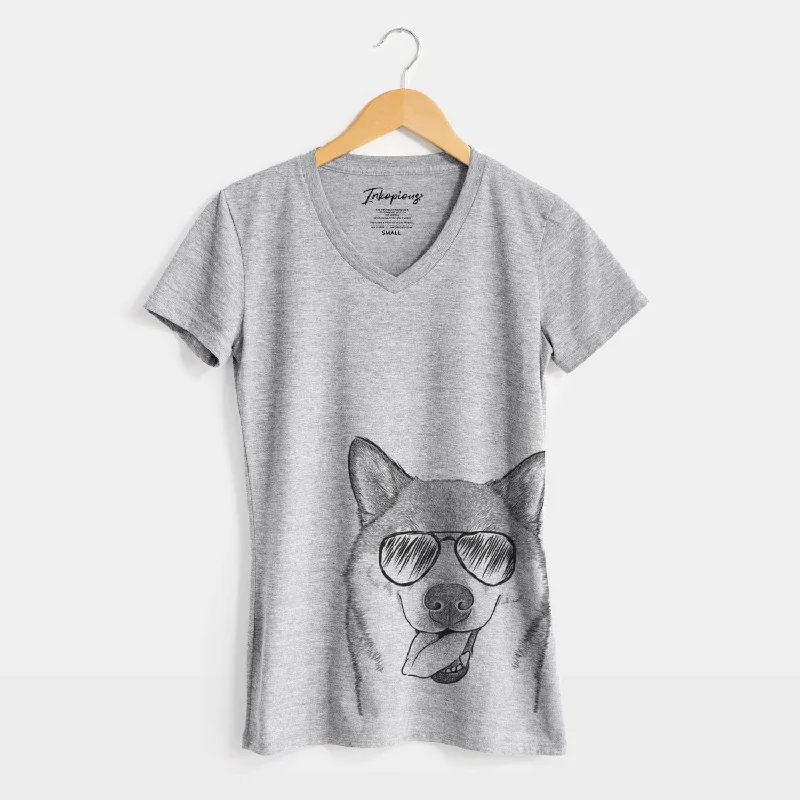 Aviator Mothra the Shiba Inu - Women's V-neck Shirt-- Anti-Shrink Durable Soft