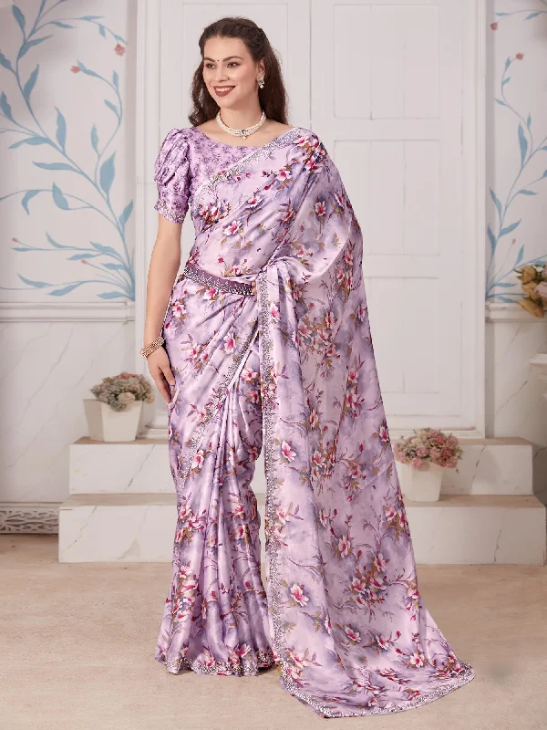 Women's Satin Silk Mauve Embellished Designer Saree With Blouse Piece Backless Summer Blouse Women's Satin Silk Mauve Embellished Designer Saree With Blouse Piece Backless Summer Blouse