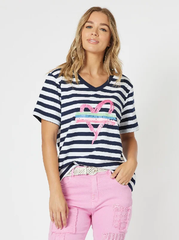 Heart Stripe T-shirt - Navy/White-- Welt Pockets Slit Pockets Flap Pockets