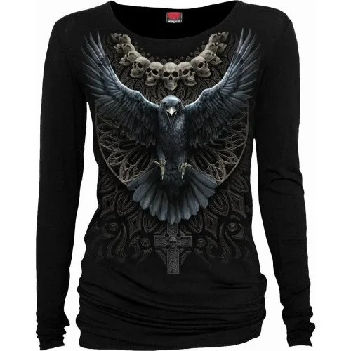 Spiral Direct Womens/Ladies Raven Skull Long-Sleeved T-Shirt-- Silk Blend Satin Velvet Spiral Direct Womens/Ladies Raven Skull Long-Sleeved T-Shirt-- Silk Blend Satin Velvet