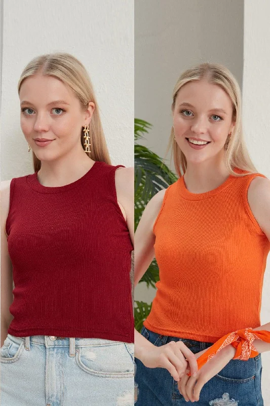 Women's Claret Red Orange Halter Neck 2 Piece Crop Blouse Classic Minimalist Blouse