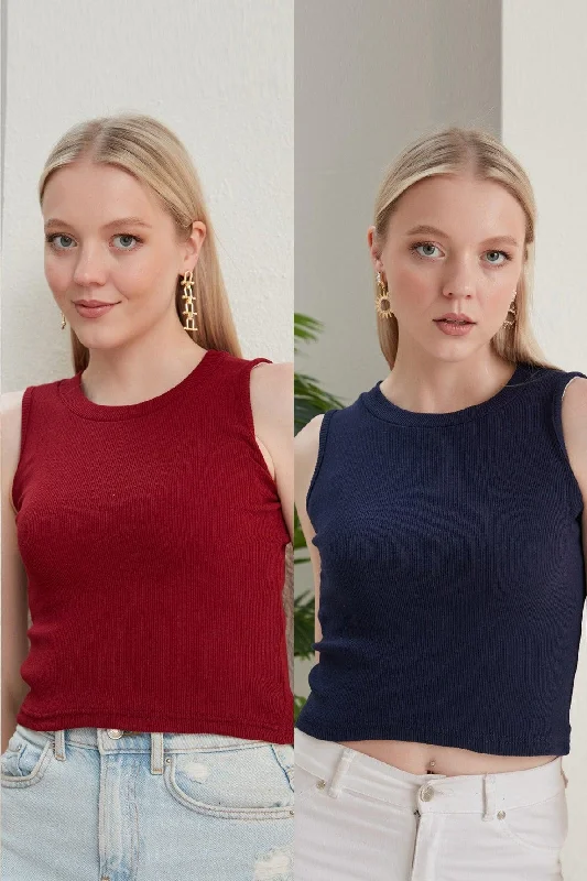 Women's Burgundy Navy Blue Halter Neck 2 Piece Crop Blouse High Neck Blouse