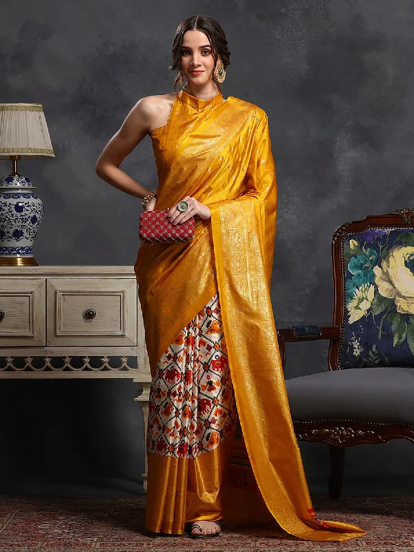 Women's Dola Silk Yellow Printed Designer Saree With Blouse Piece Mandarin Collar Blouse Women's Dola Silk Yellow Printed Designer Saree With Blouse Piece Mandarin Collar Blouse