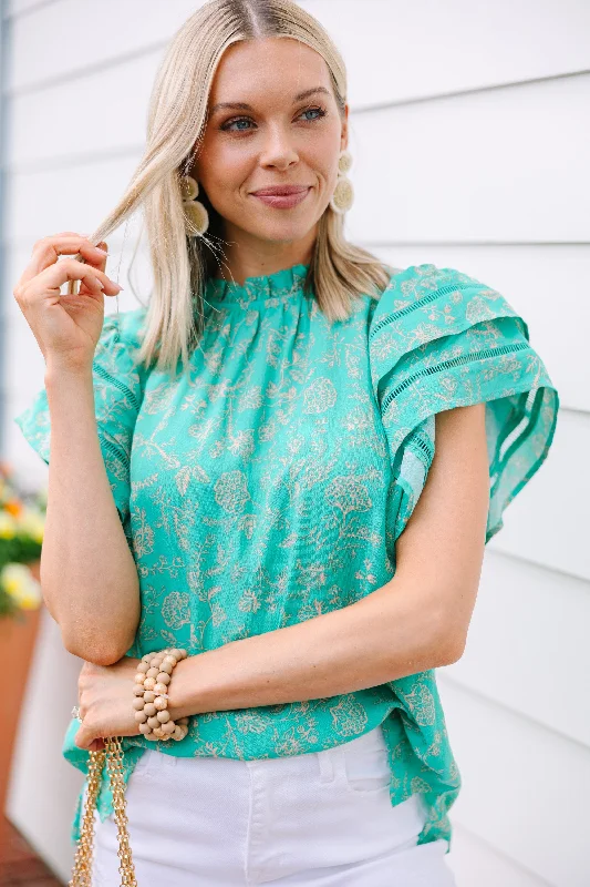 Don't Wait Long Turquoise Blue Floral Blouse Pleated Collar Blouse