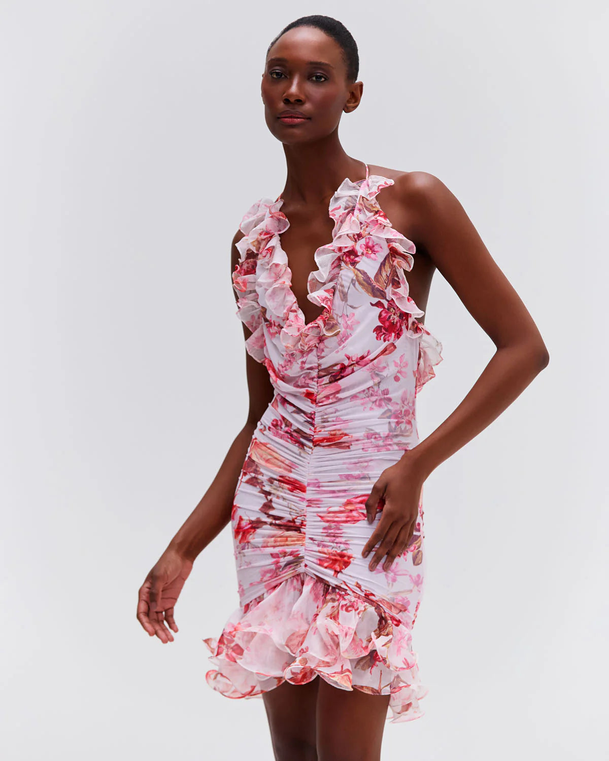 Floral Haze Stretch Tulle Sleeveless Mini Dress Vapor - PatBO Chic Mini Dress with V-Neck Floral Haze Stretch Tulle Sleeveless Mini Dress Vapor - PatBO Chic Mini Dress with V-Neck