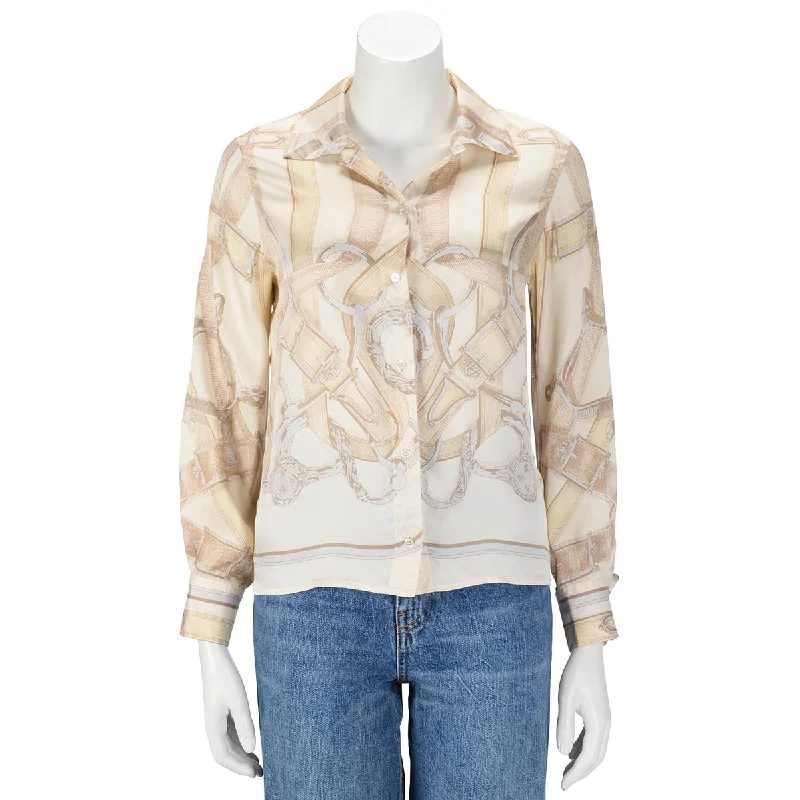 Hermes Beige Silk Cavalcadour Blouse FR 38 Short Sleeve Blouse