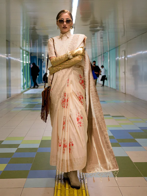 Women's Silk Blend Cream Woven Design Designer Saree With Blouse Piece Satin Bow Blouse Women's Silk Blend Cream Woven Design Designer Saree With Blouse Piece Satin Bow Blouse